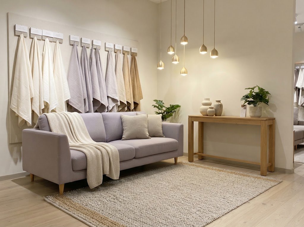 Styled furniture and fabrics in a showroom setting
